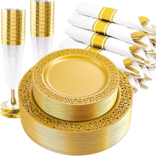 DaYammi 210 platos desechables de oro sólido con cubiertos y tazas, platos de plástico dorado para fiesta incluyen: 30 platos llanos, 30 platos de