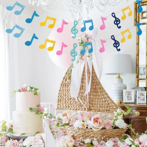 Miniatura 7 de 3 filas de notas musicales pancartas coloridas notas musicales guirnalda de fiesta temática de música decoración para Rock Roll cumpleaños, baby