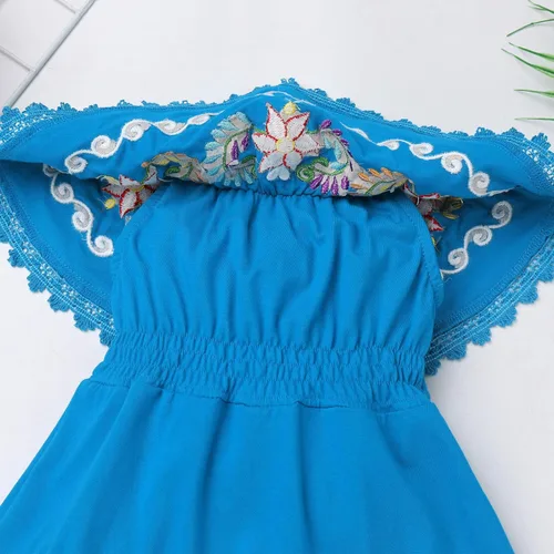 Miniatura 4 de FYMNSI Vestido mexicano para niñas pequeñas con bordado floral étnico mexicano, vestidos casuales con volantes, vestido de verano para vacaciones