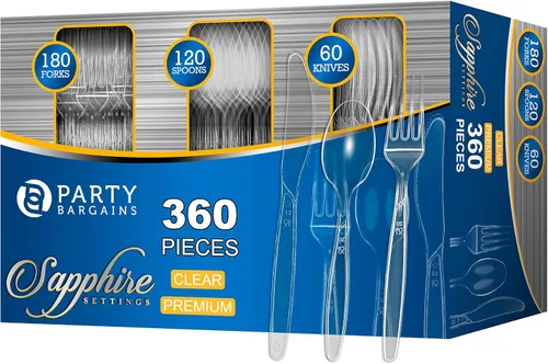Party Bargains - Modelo Sapphire - Juego de cubiertos desechables, color transparente, 360 piezas 180 tenedores, 120 cucharas, 60 cuchillos