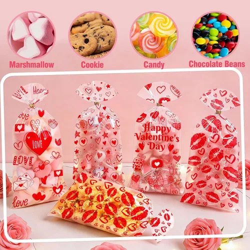 Miniatura 2 de Bolsas de San Valentín ONFAON, 180 piezas de bolsas de regalo de San Valentín con 200 lazos para empacar bocadillos, galletas y dulces, bolsas