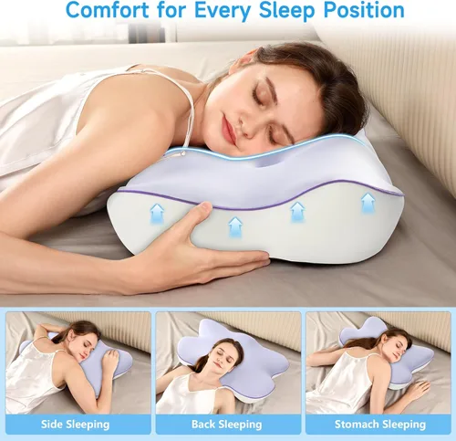 Miniatura 5 de jiaao Almohada cervical para cuello y hombro, almohada cervical ajustable de espuma viscoelástica para aliviar el dolor de dormir, almohadas Morado