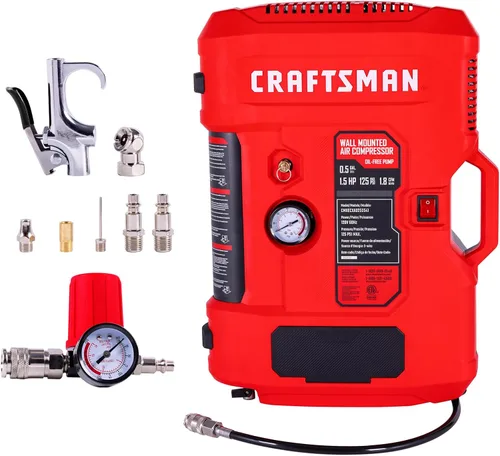 CRAFTSMAN Compresor de aire de montaje en pared con kit de accesorios de 8 piezas, inflador de neumáticos, compresor de aire portátil y silencioso