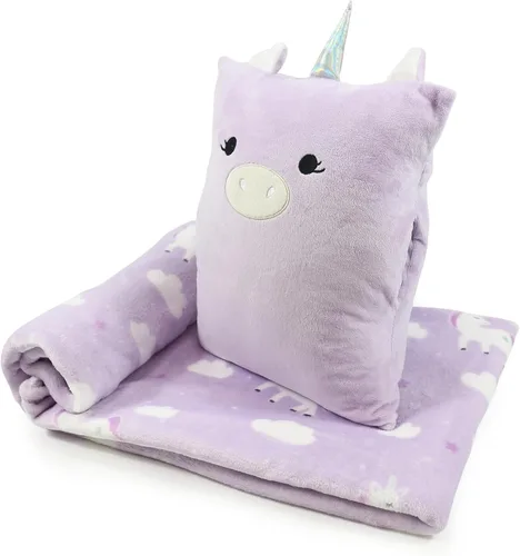 Miniatura 12 de Juego de almohada y cobija de viaje 3 en 1 para niños - 102x152cm, almohada de felpa con calentador de manos, cobija con diseño de dinosaurio