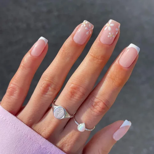 Uñas postizas a presión de punta francesa, uñas postizas cortas de color rosa con diseño de flores, uñas postizas ovaladas de acrílico ovaladas para