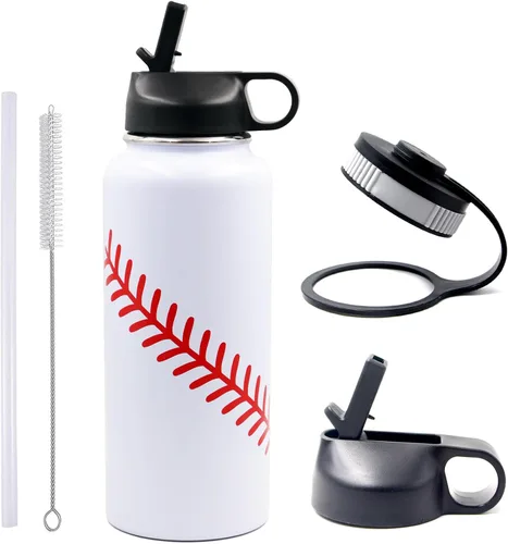 Miniatura 10 de Botella de agua de béisbol de 18 onzas, botella deportiva de boca ancha, vaso de viaje de metal con 2 tapas, botellas de agua aisladas al vacío