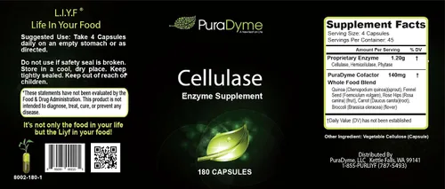 Miniatura 2 de PuraDyme - Suplemento enzimático de celulasa, apoya la salud digestiva, 180 cápsulas