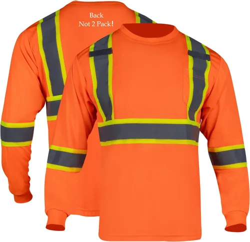 FONIRRA Camiseta de seguridad de manga larga reflectante de alta visibilidad, camisas de trabajo de construcción ANSI Clase 3 para hombres Naranja