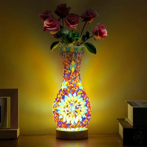 Miniatura 10 de Lámpara de mesa turca marroquí con mosaico, jarrón de vidrio hecho a mano con base de madera, iluminación decorativa para dormitorio, sala de estar