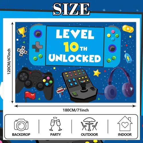 Miniatura 2 de Cartel de nivel 10 desbloqueado para cumpleaños número 10, telón de fondo, decoración temática de videojuegos, decoración para niños y niñas