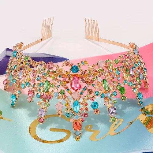 Miniatura 7 de ATODEN Tiaras y coronas de cumpleaños para niña, tiaras y coronas para mujeres y niñas, multicolores de cristal, tiara de princesa, diadema