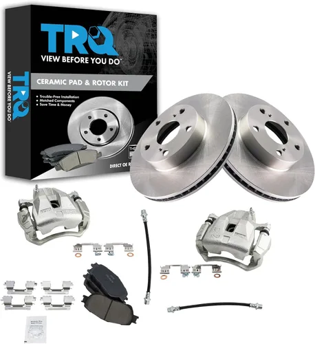 Miniatura 50 de TRQ Juego de pastillas de freno delanteras y rotores de cerámica, pinzas, mangueras, compatibles con Honda Odyssey 2005-2010