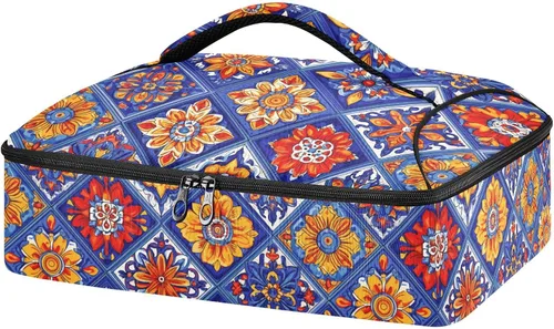 Talavera mexicana - Porta platos con diseño de azulejos de cerámica, portátil, a prueba de fugas, aislado, para alimentos calientes o fríos, viajes,