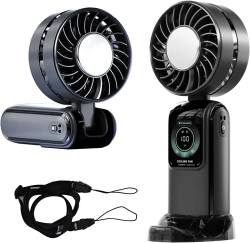 Ventilador de mano portátil con soporte y cordón, batería recargable USB-C de 5000 mAh, pantalla LED de 12 H/5 velocidades, mini ventilador para