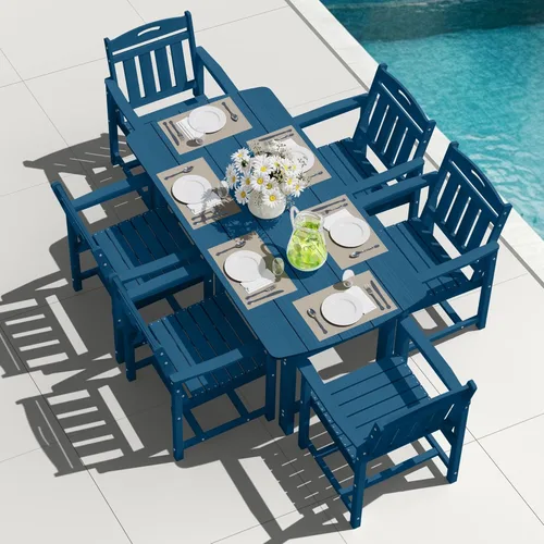 Miniatura 34 de Juego de comedor de patio al aire libre de HDPE con mesa y 6 sillas, juego de mesa y sillas de 7 piezas para todo clima, agujero para sombrilla de 2