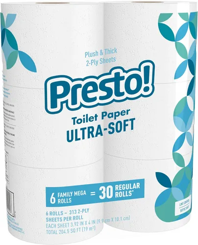 Marca Amazon – Presto! - Papel higiénico ultrasuave de 2 capas, 6 megarrollos familiares = 30 rollos regulares, 1878 unidades (6 rollos de 313