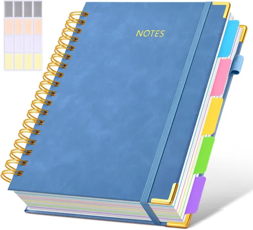 Miniatura 14 de Cuaderno universitario de espiral con tapa dura de cuero de 8 x 10 pulgadas, con pestañas separadoras extraíbles, para 5 materias, a rayas; diario