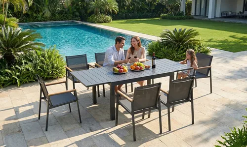 Miniatura 4 de Mesa de comedor expandible de aluminio para patio al aire libre para 4-8 personas, mesa rectangular para todo tipo de clima (48"-79") con rieles