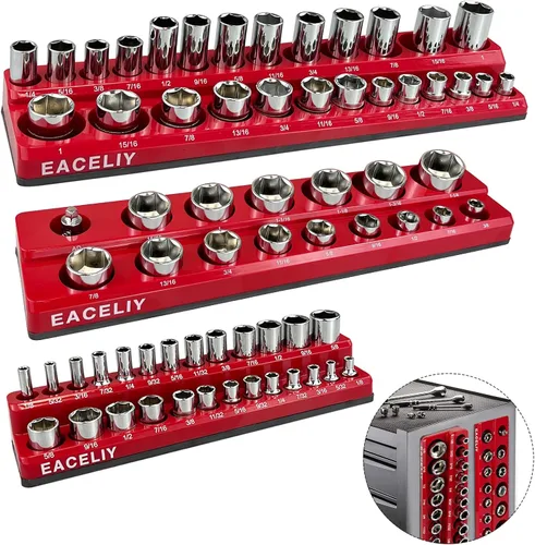 Miniatura 12 de EACELIY Juego de Organizador Magnético de Llaves de Vaso de 6 Piezas, Kit de 1/2", 1/4" y 3/8" SAE y Métrico para Llaves de Vaso Profundas