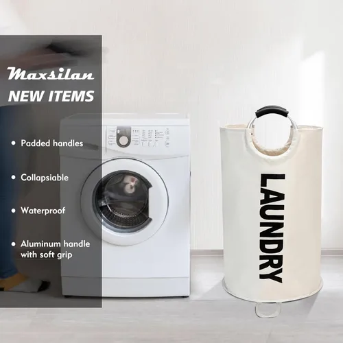 Miniatura 2 de Maxsilan - Cesta de lavandería grande de 90 L, cesta de ropa alta independiente, bolsa de lavandería plegable, color beige