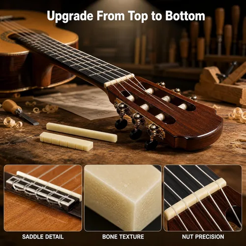 Miniatura 6 de Miwayer Puente de Guitarra Clásica de Hueso Sin Blanquear Juego de Puente y Cejilla de 6 Cuerdas Hecho de Hueso Natural Real (Puentes Clásicos 1 par)