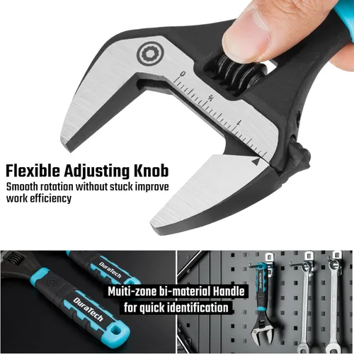 Miniatura 7 de DURATECH Llave ajustable de 8 pulgadas, llave de fontanería de apertura de mandíbula ancha, acero CR-V, SAE y escala métrica marcada, agarre Negro