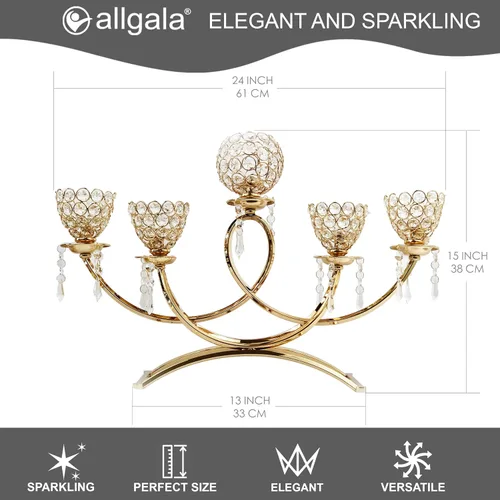 Miniatura 2 de Allgala Portavelas de cristal brillante de 5 brazos con taza en forma de tulipán para bodas, comedores, fiestas, centros de mesa se adapta a velas