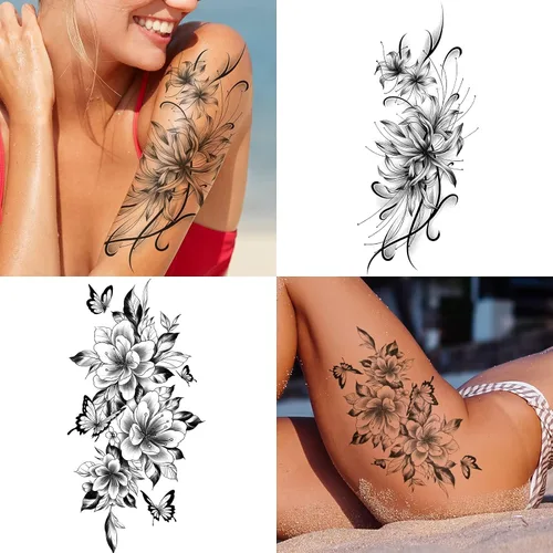 Miniatura 5 de EMOME 12 hojas de tatuajes temporales sexys para mujeres, flores de medio brazo, manga de tatuajes falsos, calcomanías de tatuaje realistas
