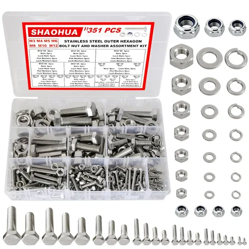 Kit surtido de pernos métricos M3/M4/M5/M6/M8/M10/M12, kit de tornillos y tuercas de cabeza hexagonal plana de acero inoxidable 304, tuercas planas