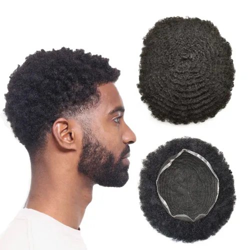 Miniatura 38 de Pelucas afro rizadas para hombre, con encaje francés, de 10 x 8 pulgadas, completamente transparente, de repuesto, sistema de cabello humano rizado