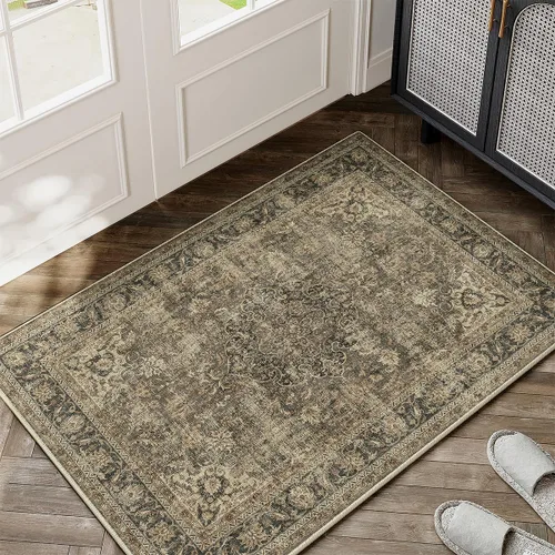 Alfombra de área marrón lavable de 2 x 3 pies, alfombra vintage para entrada y cocina, antideslizante, suave, de pelo bajo desgastado, alfombra