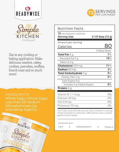 Miniatura 5 de READYWISE - Cocina Simple, Huevos en Polvo, 72 Porciones, Suministro de Emergencia, Alimentos Deshidratados, Suministros para Hornear, Comidas