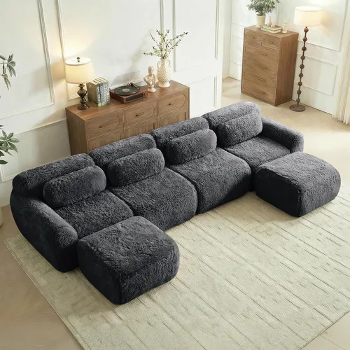 Miniatura 33 de Sofás de nube sin hueso de 80.4 pulgadas, tela de felpa suave y esponjosa, sofá cama modular con 2 otomanas, sofás de dos plazas de chocolate,