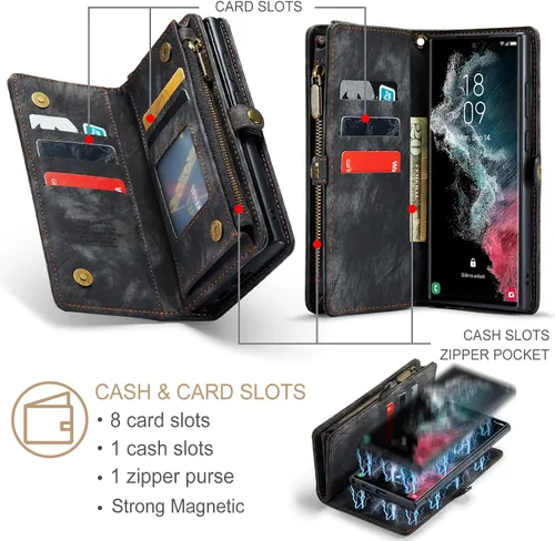 Miniatura 3 de Asuwish Funda de teléfono para Samsung Galaxy S22 Ultra 5G con cremallera, protector de pantalla de vidrio templado y tarjetero abatible, accesorios