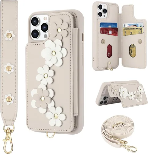 Funda tipo cartera compatible con iPhone 13 Pro con tarjetero para mujer, función atril, cordón cruzado, correa para la muñeca, funda de piel con