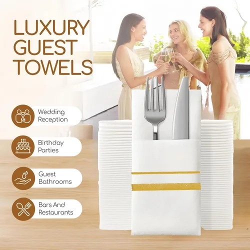 Miniatura 6 de Servilletas desechables doradas con bolsillo integrado para cubiertos, servilletas de tela para bodas, fiestas de lino, 100 unidades, 16 x 16