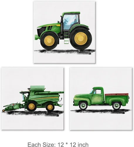Miniatura 2 de Juego de 3 lienzos artísticos de tractores y vehículos agrícolas para cuarto de bebé, pinturas enmarcadas, impresiones de acuarela, viejos camiones