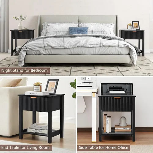 Miniatura 5 de Mesita de noche moderna de mediados de siglo con cajón, mesita de noche negra para dormitorio, mesa auxiliar pequeña con almacenamiento, mesa