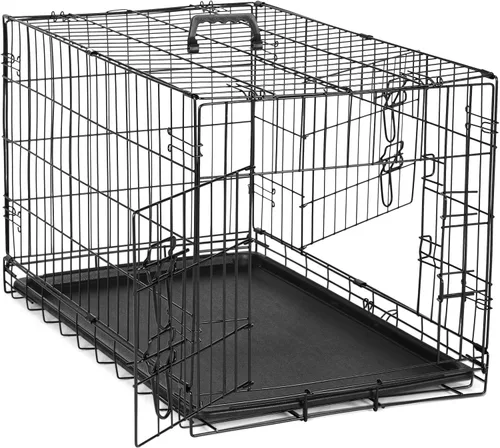 DUMOS Jaula para perros, jaula grande de doble puerta de 48 pulgadas con bandeja de plástico a prueba de fugas, plegable de alambre de metal de