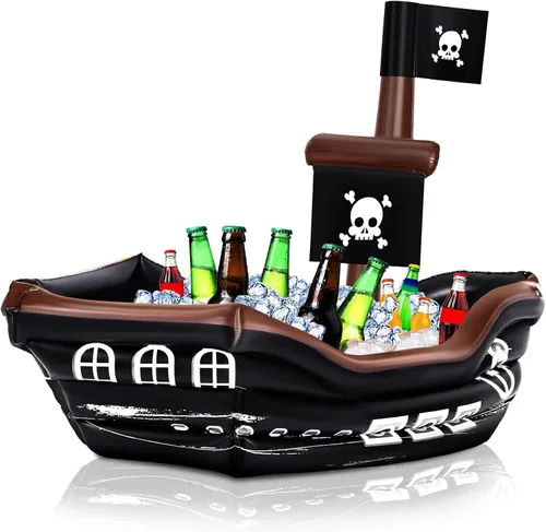 Miniatura 11 de Zhanmai Enfriador inflable de bebida de barco pirata, contenedor de comida inflable para verano, carnaval, Mardi Gras, fiesta de cumpleaños pirata