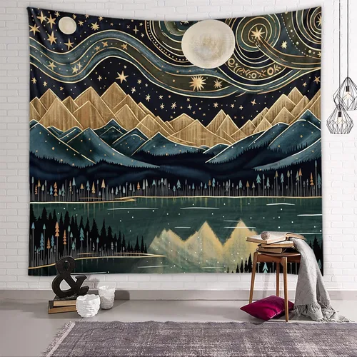 Miniatura 2 de Tapiz de Bosque de Montaña Tapzen - Colgante de Pared Bohemio de Paisaje Luna Estrellas para Dormitorio, Sala de Estar, Aula, Dormitorio Estudiantil