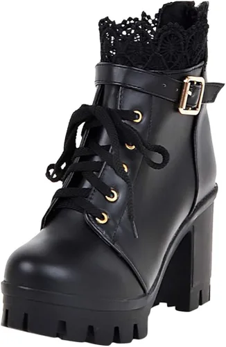 Miniatura 5 de Hbeylia Botas de combate de plataforma para mujer botas de cuero con encaje grueso botines de cuero gótico antideslizantes tacones altos botas