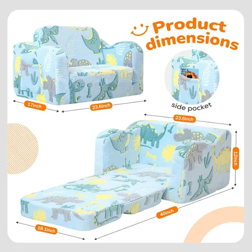 Miniatura 2 de MeMoreCool Silla para niños pequeños – Sofá infantil convertible con diseño de dinosaurio brillante desplegable 1 – 3 años Sofá de espuma suave