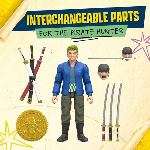 Miniatura 3 de One Piece Zoro - Figura de acción de 6 pulgadas con 5 accesorios. Incluye espadas intercambiables, soporte de espada, cara intercambiable y base