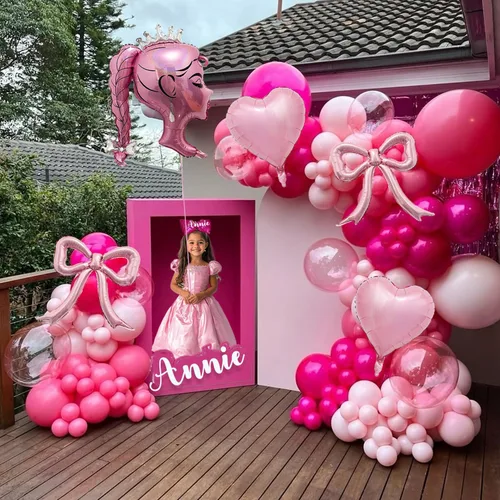 Miniatura 5 de Juego de globos de aluminio rosa princesa, 5 globos de lazo rosa, lámina de muñeca de corona y globos de corazón para maquillaje, cumpleaños