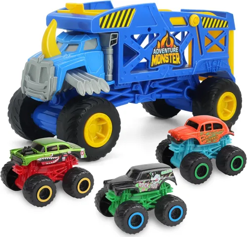 Monster Trucks Hauler Rhino con 3 mini camiones y lanzamiento de súper rampa, regalo para niños a partir de 3 años