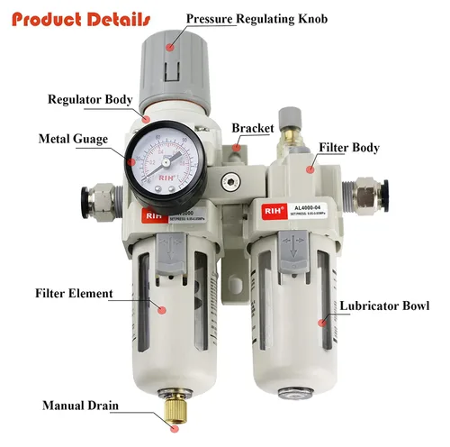 Miniatura 3 de RIH Pneumatics - Regulador de filtro de aire comprimido NPT de 1/2 pulgada, lubricador combinado separador de trampa de agua/aceite, calibre