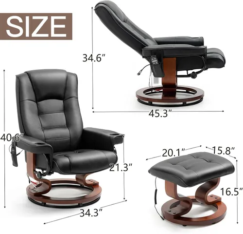 Miniatura 3 de AVAWING Silla reclinable con masaje por vibración, reclinable, de piel sintética, con otomana, giratoria, de madera, para sala de estar, color negro
