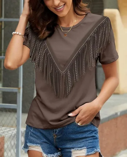 Miniatura 5 de PESION Camisas de manga corta con flecos para mujer, blusa con ribete de borlas