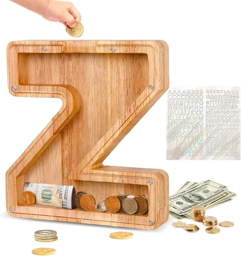 Miniatura 14 de Alcancía de Madera Personalizada con Letras del Alfabeto, Banco de Monedas con Letras del Alfabeto para Niños, Niñas y Bebés, Tamaño Grande, 26